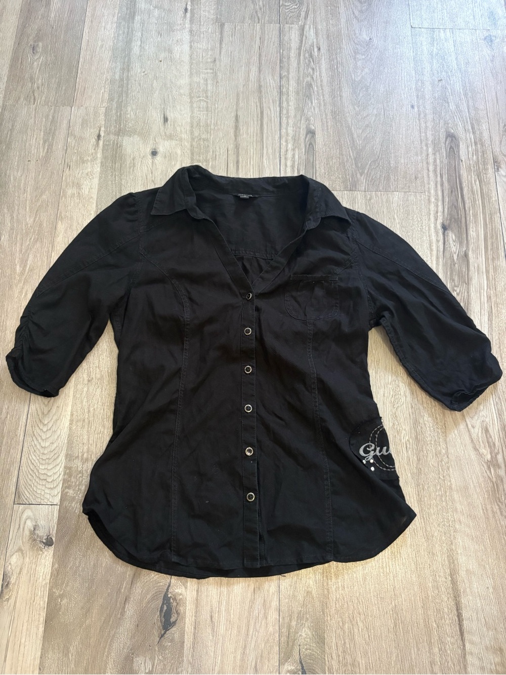 Guess Black 3/4 sleeve button-down shirt with embroidered logo patch